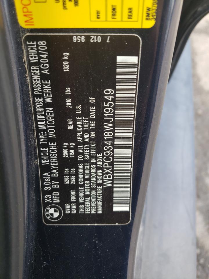 2008 BMW X3 3.0Si VIN: WBXPC93418WJ19549 Lot: 80072605
