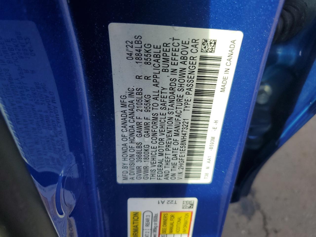 2022 Honda Civic Si VIN: 2HGFE1E58NH473221 Lot: 84172425