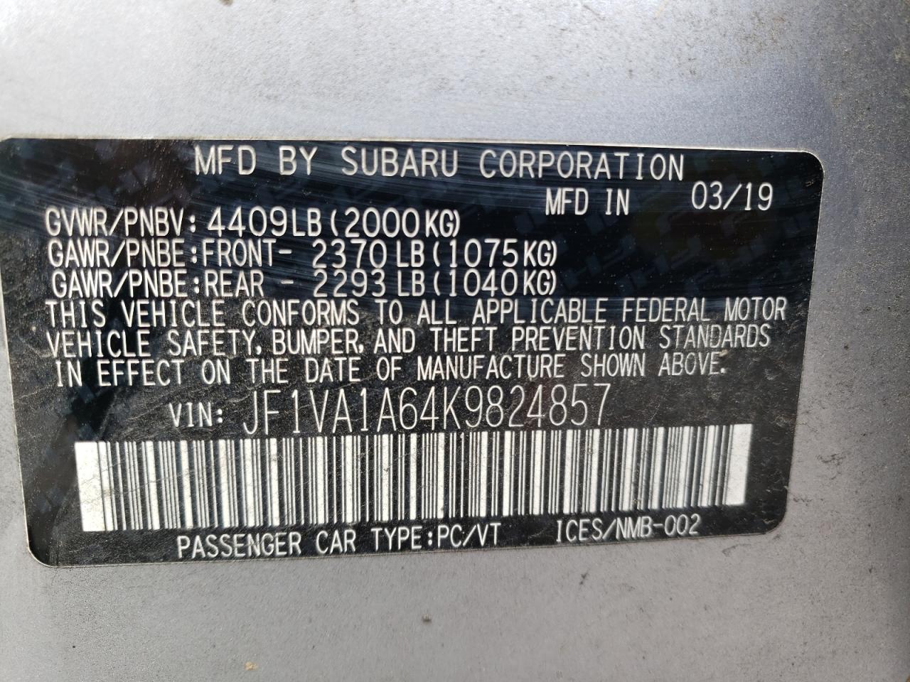 2019 Subaru Wrx VIN: JF1VA1A64K9824857 Lot: 71689485