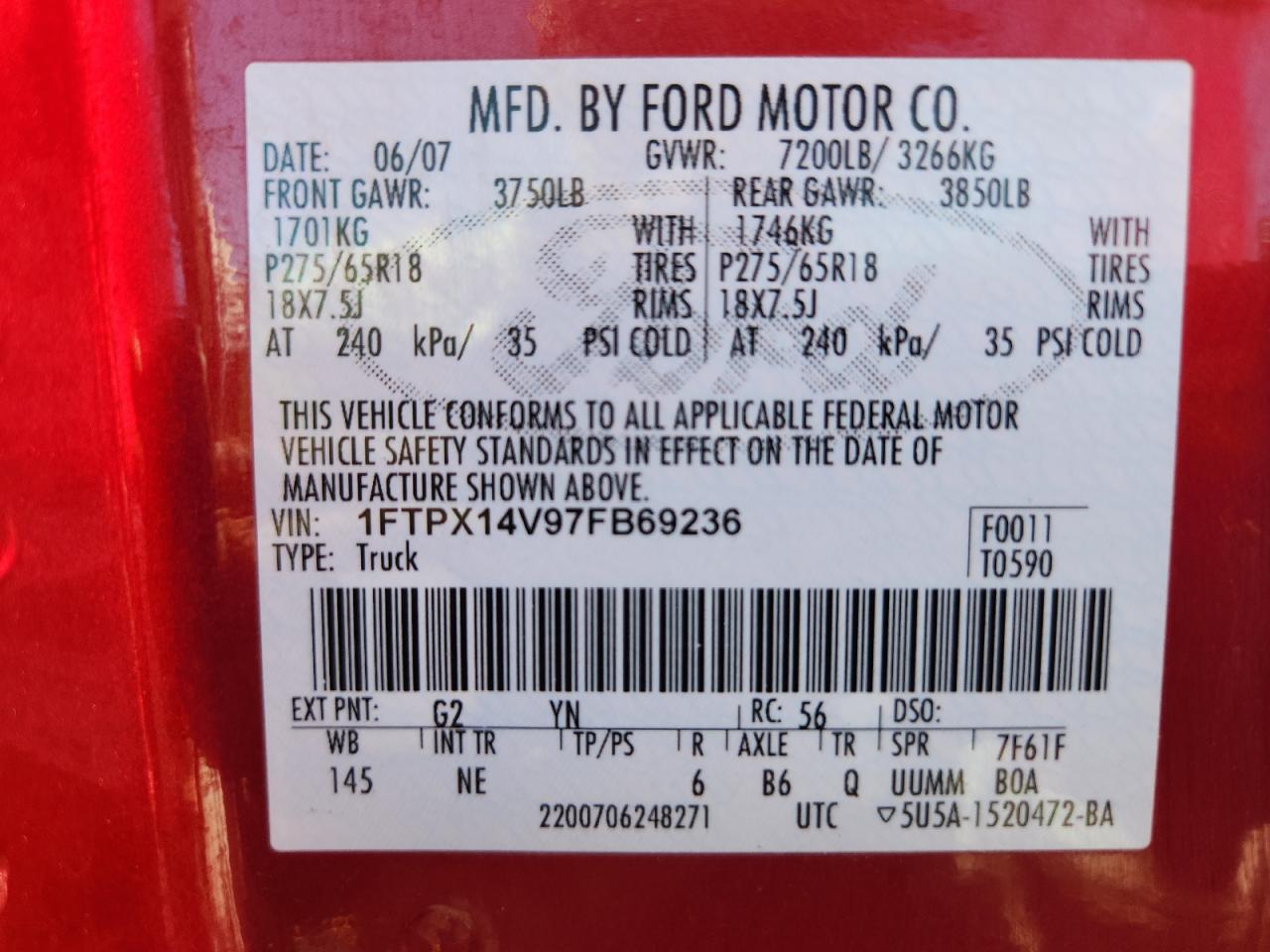 2007 Ford F150 VIN: 1FTPX14V97FB69236 Lot: 81230635