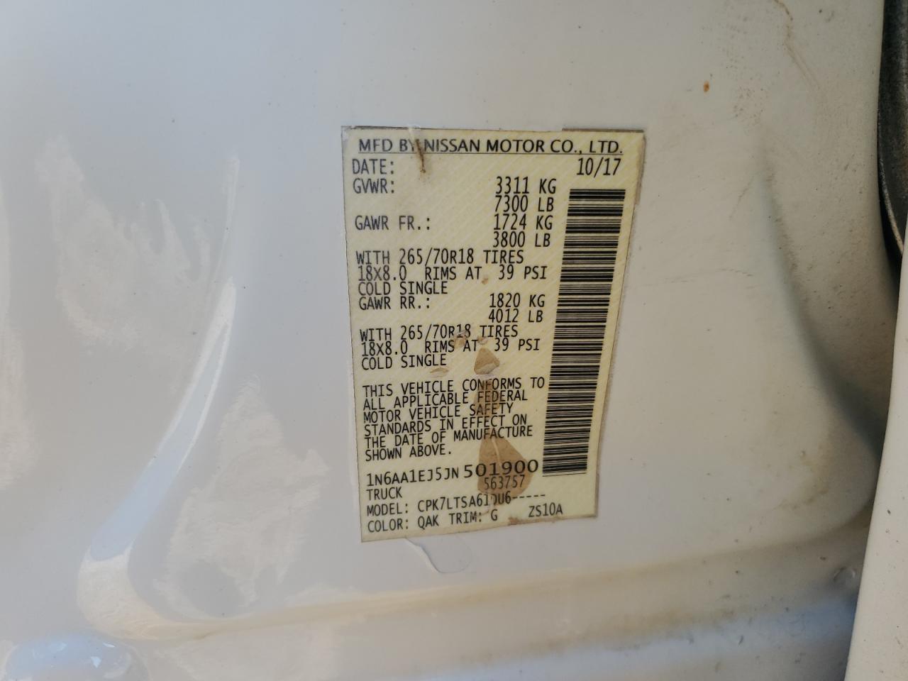 2018 Nissan Titan S VIN: 1N6AA1EJ5JN501900 Lot: 84241125