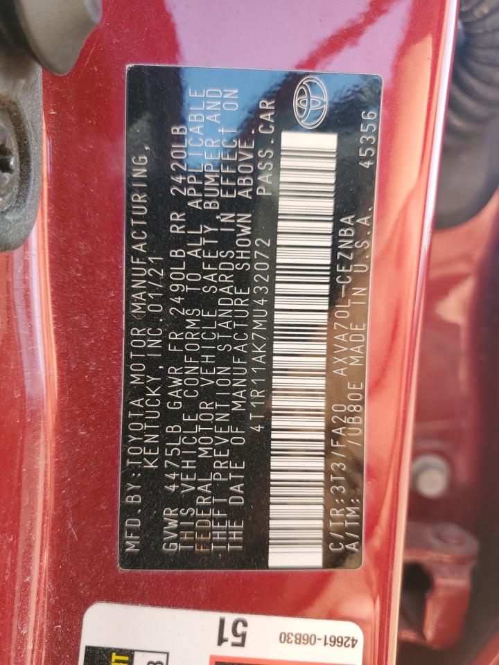 2021 Toyota Camry Le VIN: 4T1R11AK7MU432072 Lot: 81670005