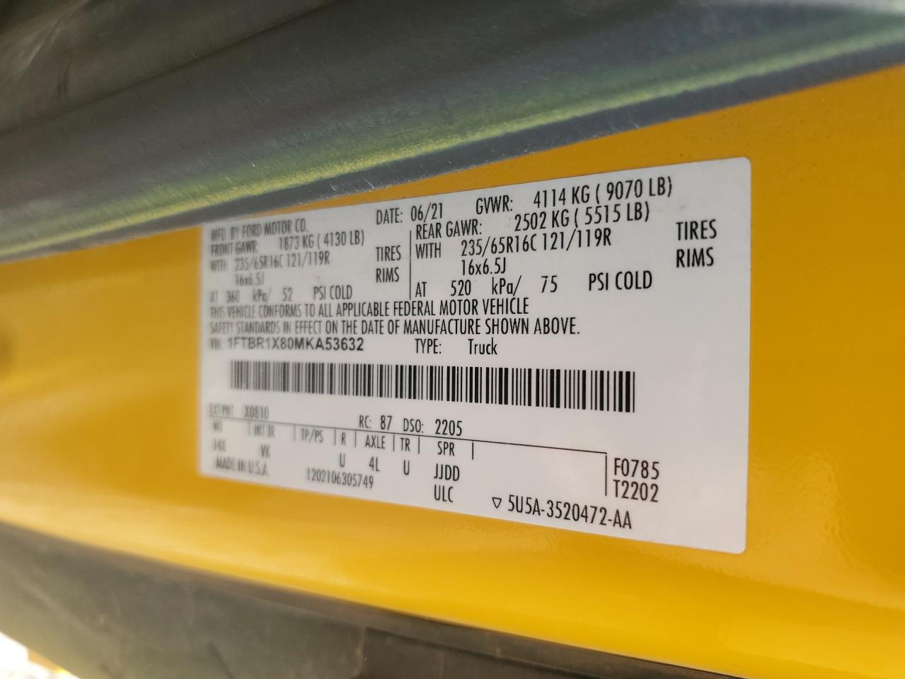 2021 Ford Transit T-250 VIN: 1FTBR1X80MKA53632 Lot: 80565655