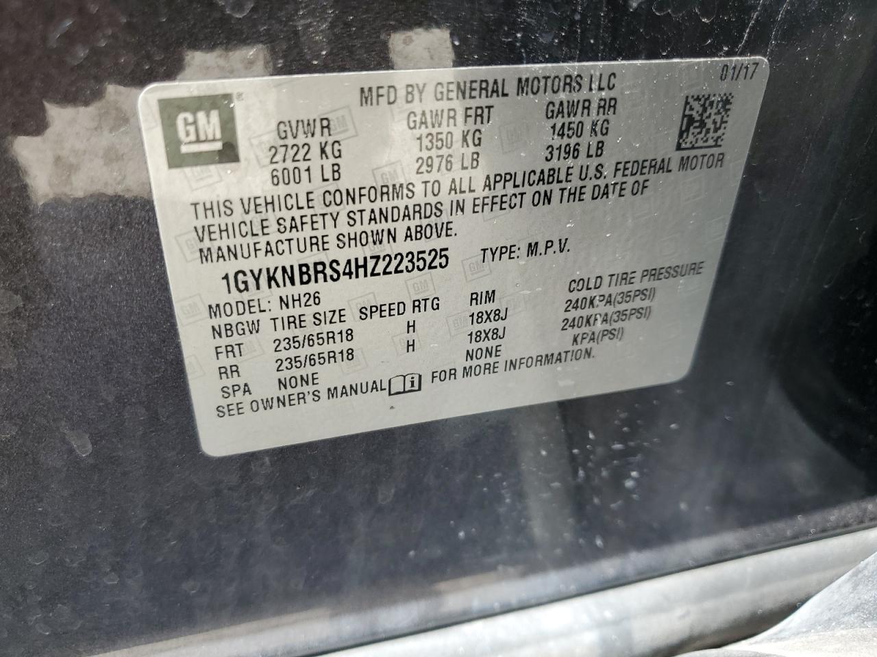 2017 Cadillac Xt5 Luxury VIN: 1GYKNBRS4HZ223525 Lot: 84182605