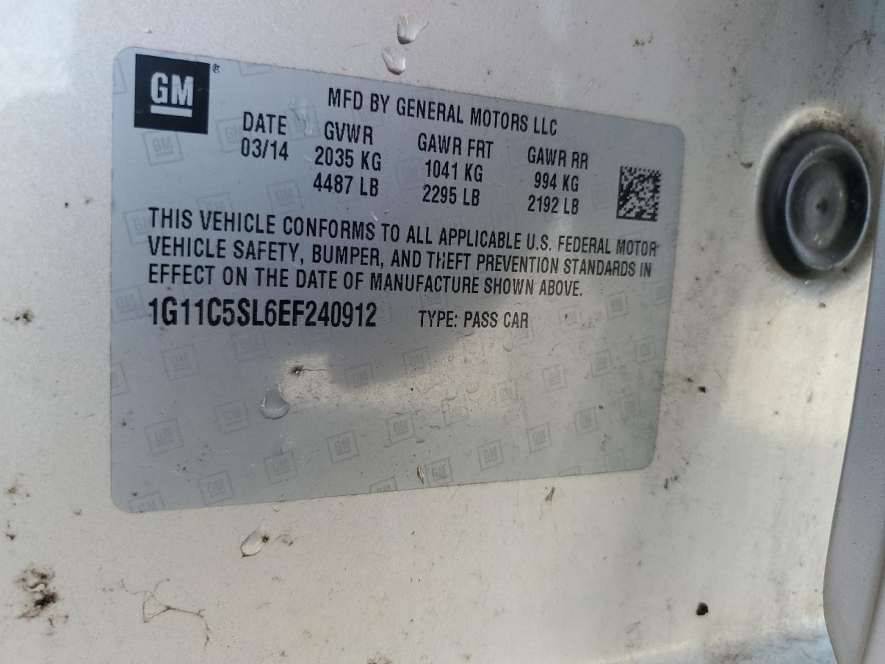 2014 Chevrolet Malibu 1Lt VIN: 1G11C5SL6EF240912 Lot: 81214705