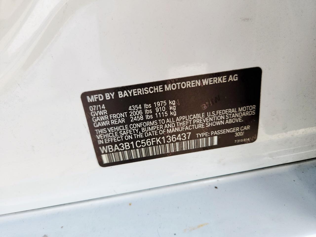 2015 BMW 320 I VIN: WBA3B1C56FK136437 Lot: 71505245