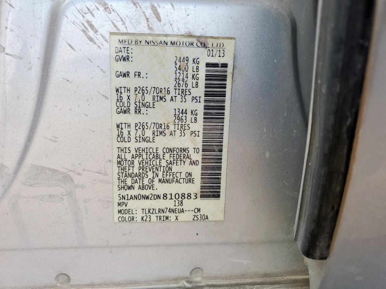 2013 Nissan Xterra X VIN: 5N1AN0NW2DN810883 Lot: 81641855