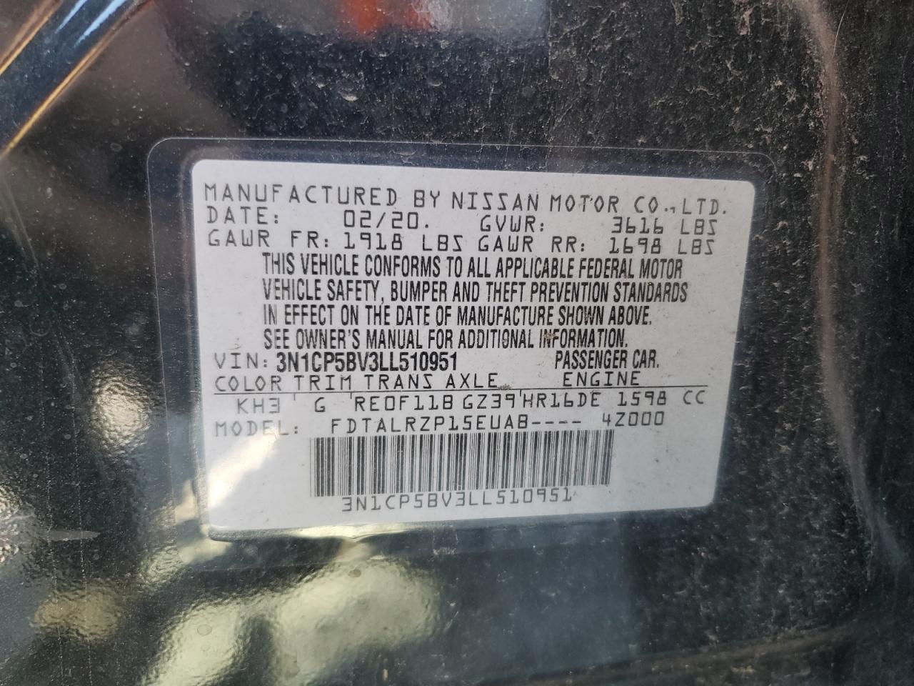 2020 Nissan Kicks S VIN: 3N1CP5BV3LL510951 Lot: 83862585