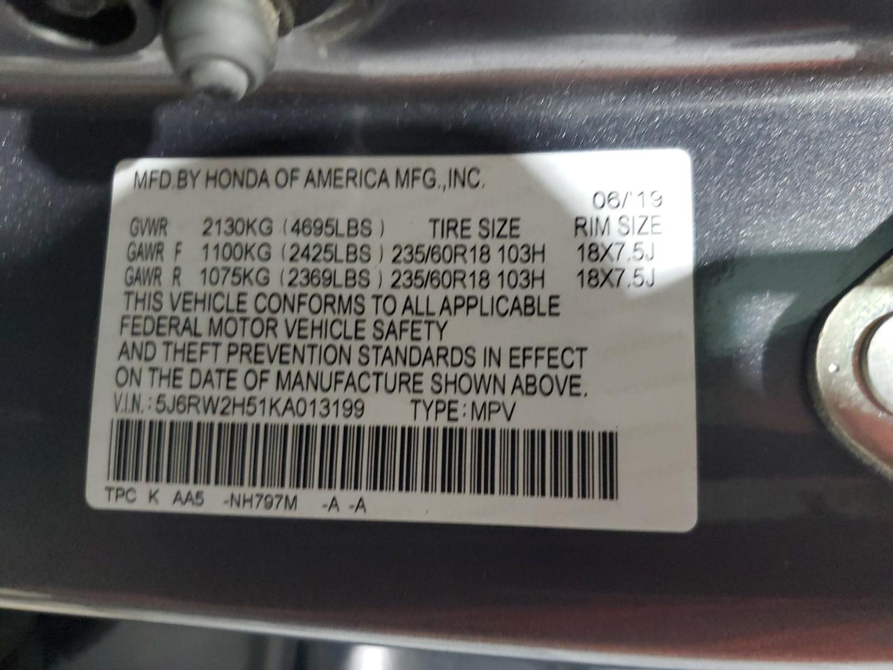 2019 Honda Cr-V Ex VIN: 5J6RW2H51KA013199 Lot: 81689795