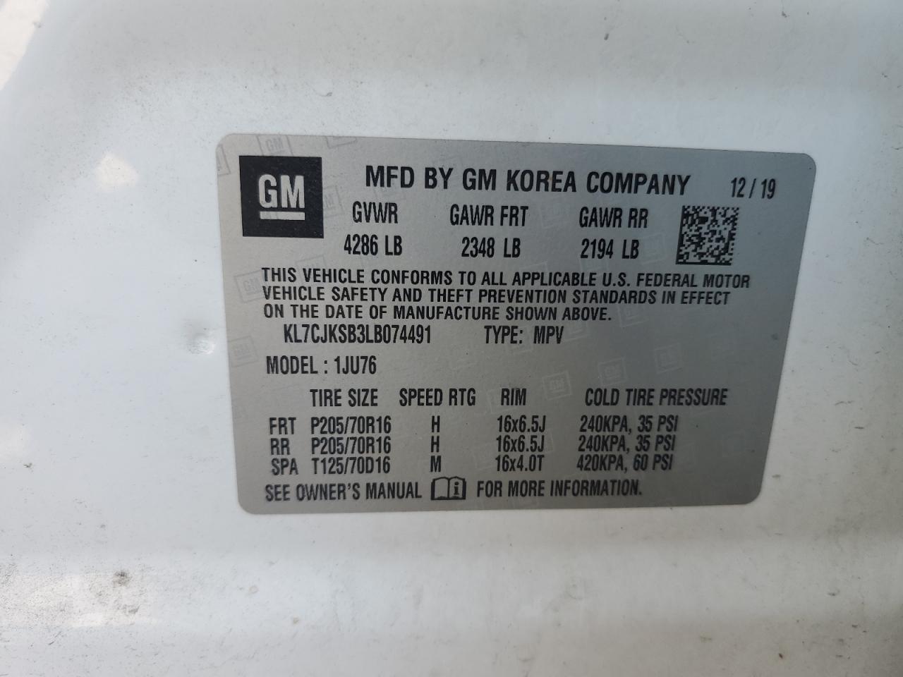 2020 Chevrolet Trax Ls VIN: KL7CJKSB3LB074491 Lot: 80250145