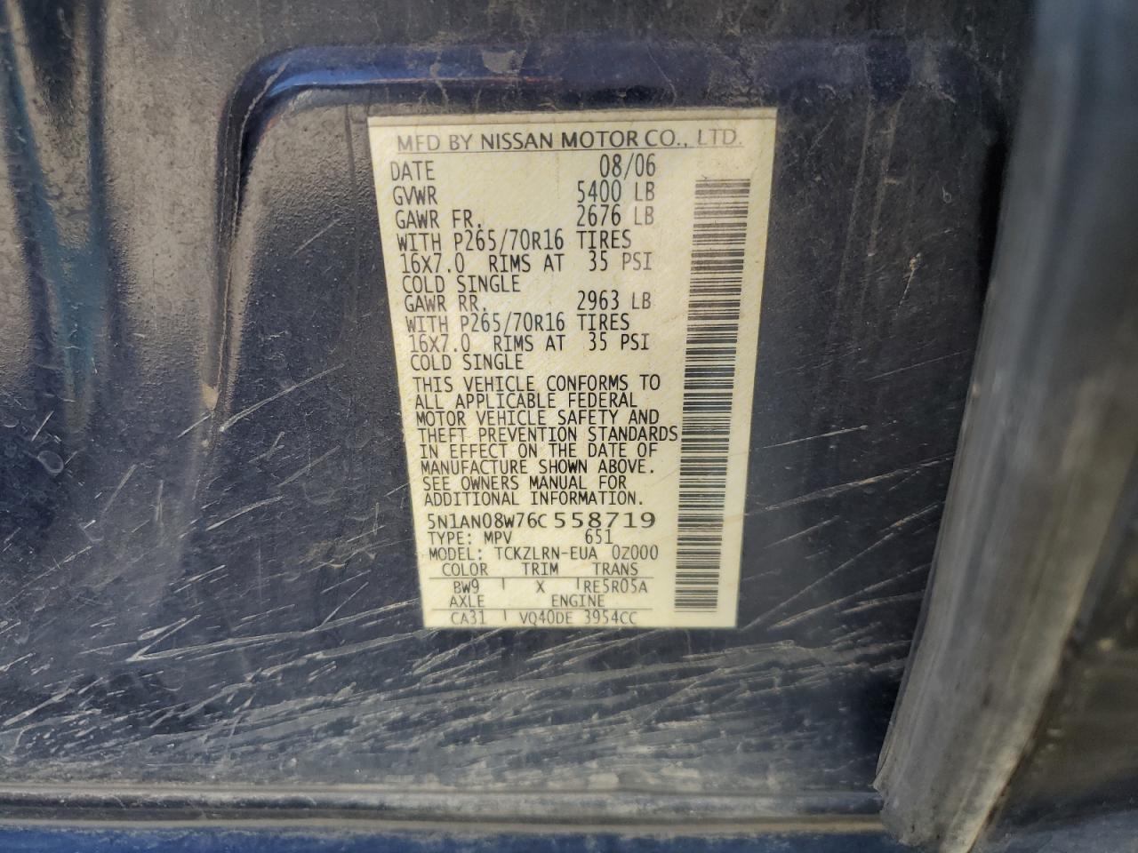 2006 Nissan Xterra Off Road VIN: 5N1AN08W76C558719 Lot: 80344355