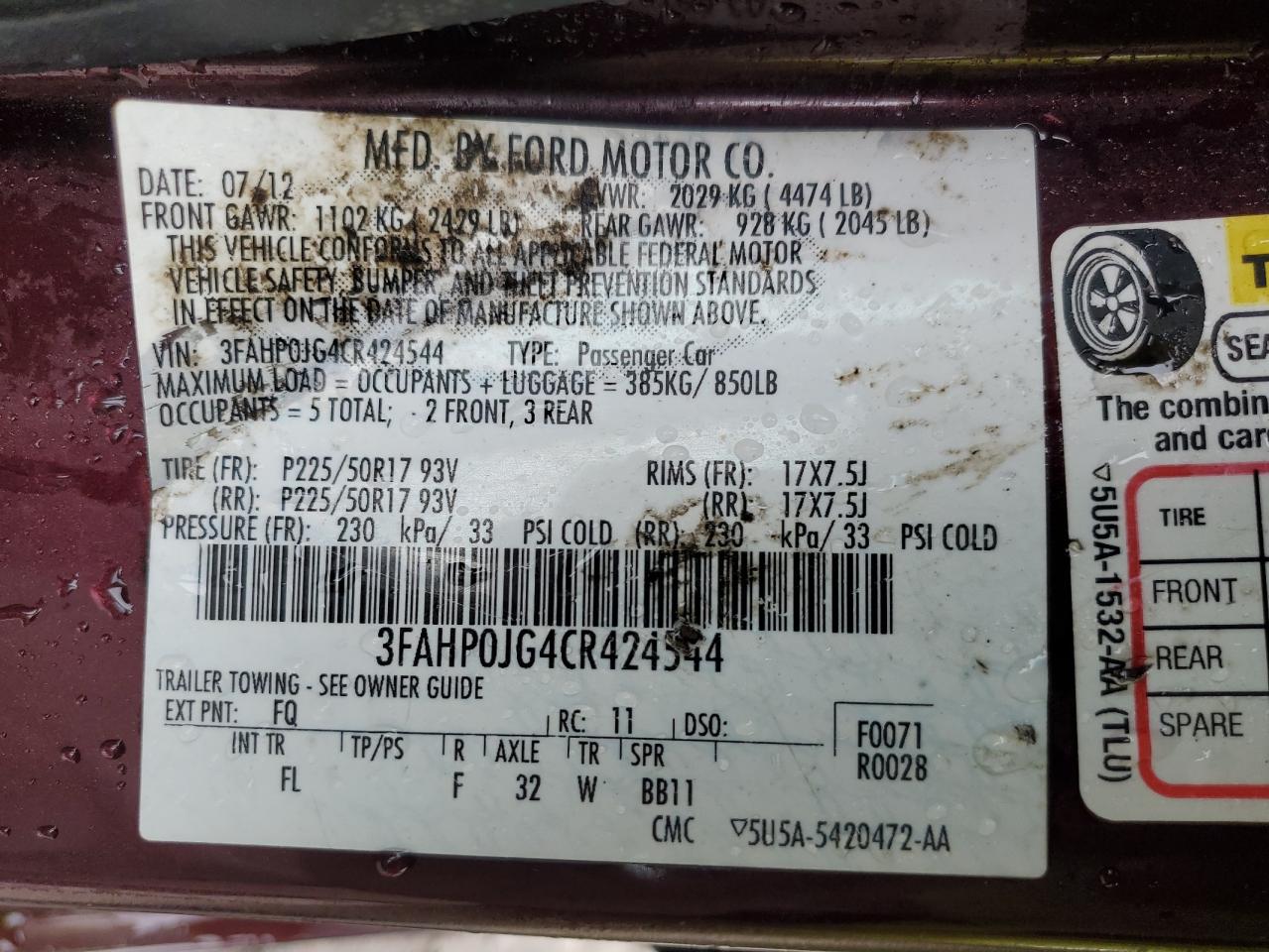 2012 Ford Fusion Sel VIN: 3FAHP0JG4CR424544 Lot: 71837225