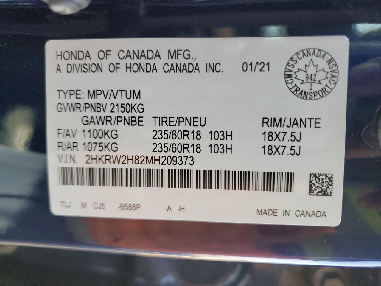 2021 Honda Cr-V Exl VIN: 2HKRW2H82MH209373 Lot: 80441155