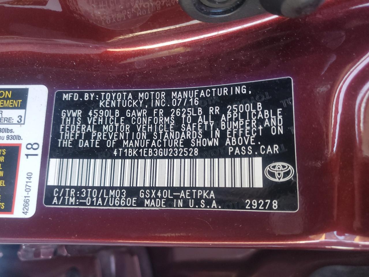 2016 Toyota Avalon Xle VIN: 4T1BK1EB3GU232528 Lot: 80026785