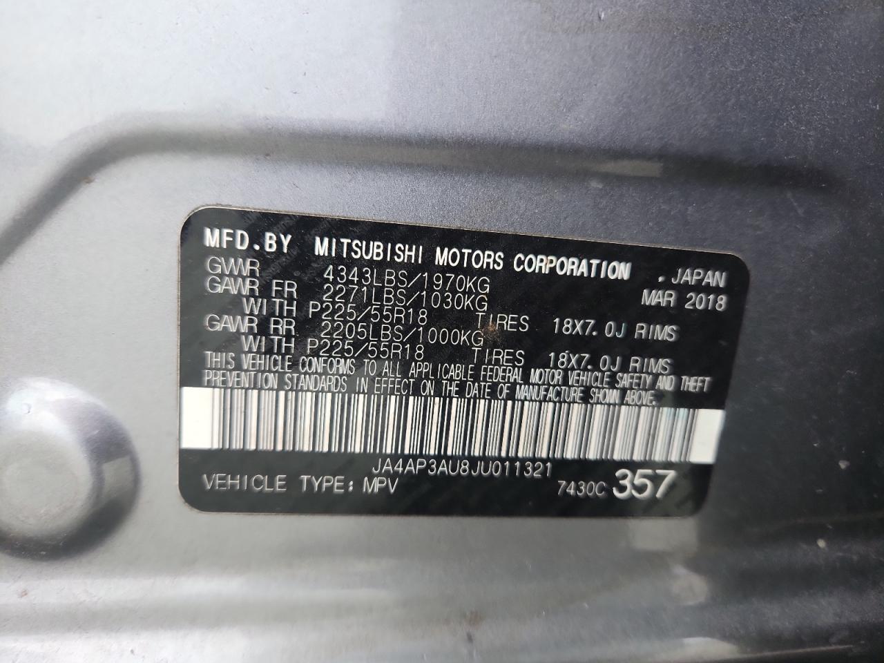 2018 Mitsubishi Outlander Sport Es VIN: JA4AP3AU8JU011321 Lot: 71012085