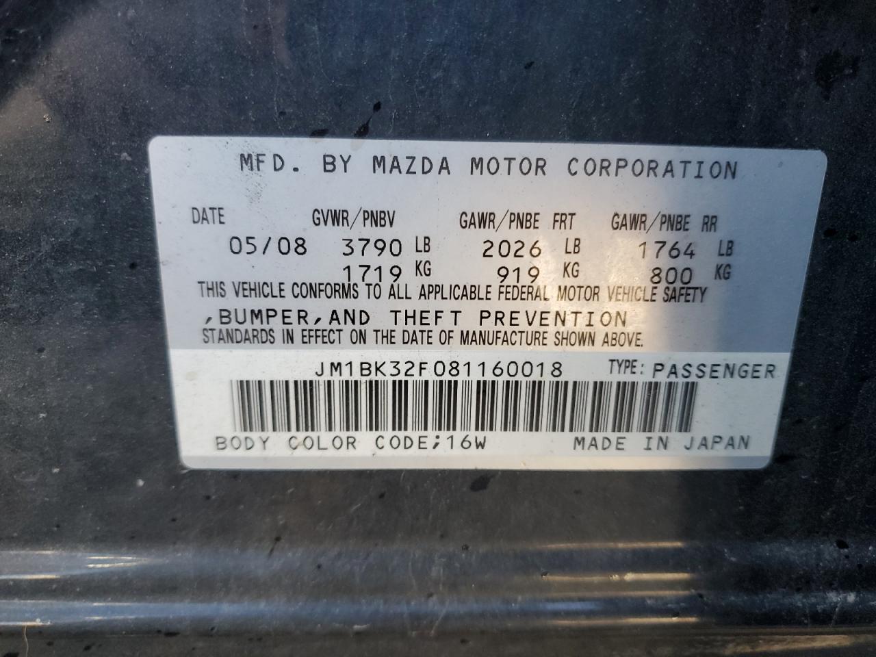 2008 Mazda 3 I VIN: JM1BK32F081160018 Lot: 81838185