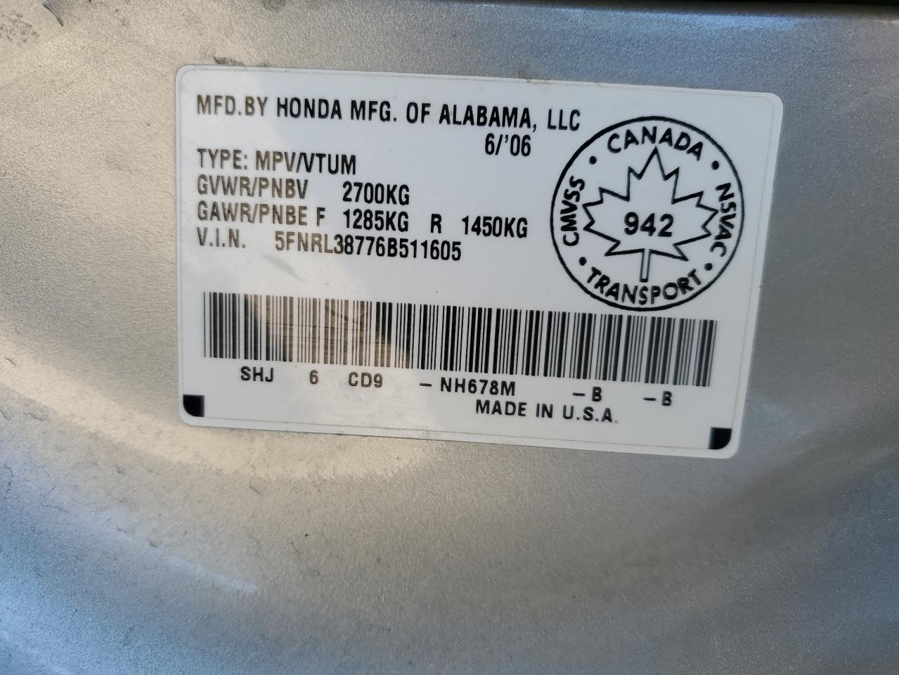 2006 Honda Odyssey Exl VIN: 5FNRL38776B511605 Lot: 83828415