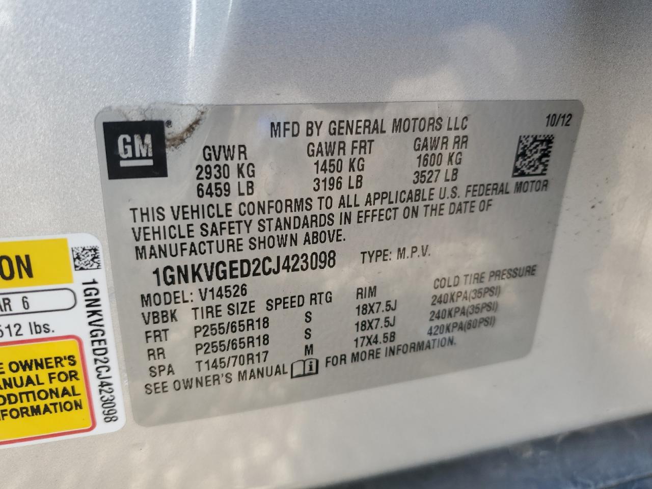 2012 Chevrolet Traverse Lt VIN: 1GNKVGED2CJ423098 Lot: 80555785