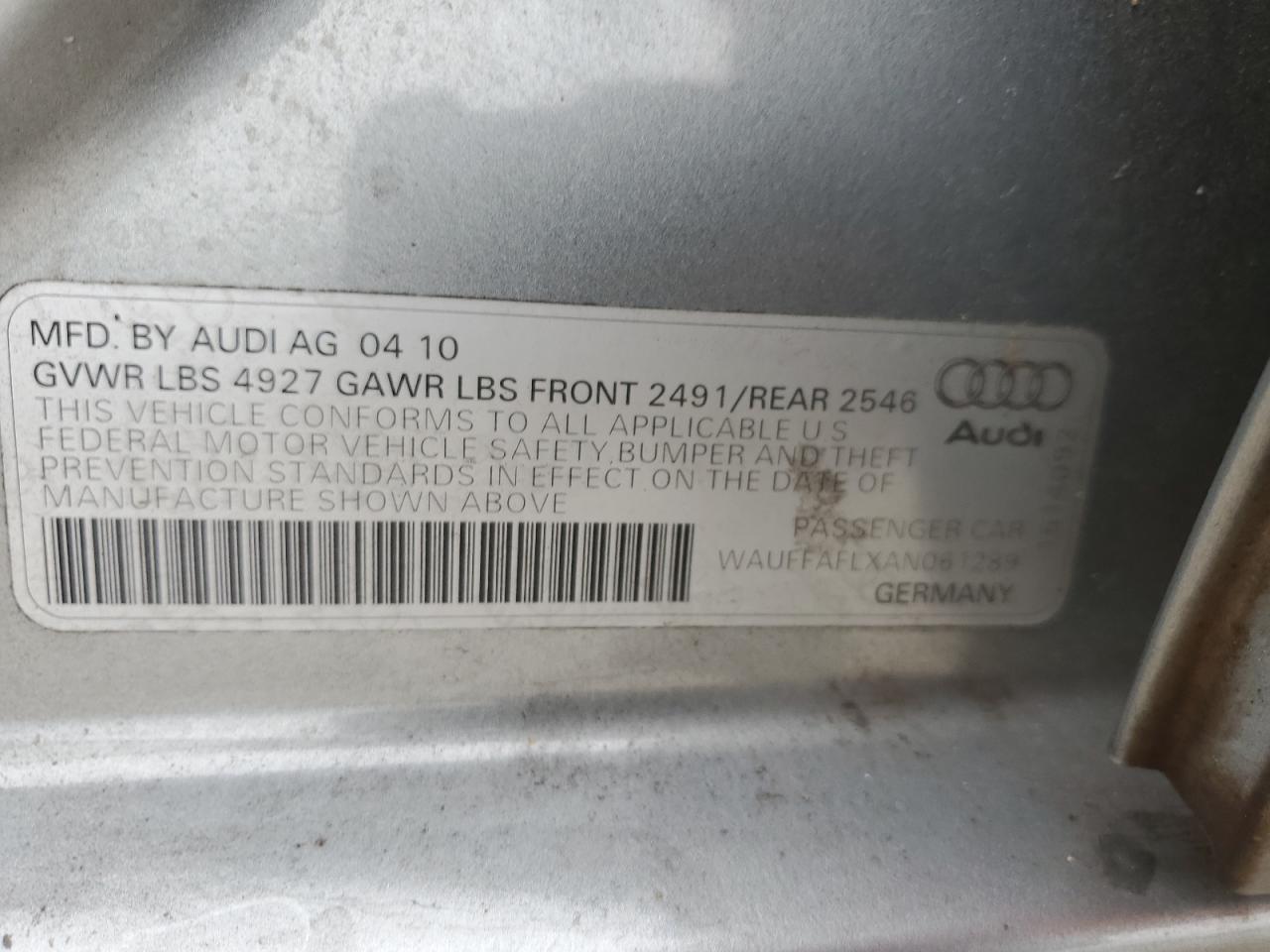 2010 Audi A4 Premium Plus VIN: WAUFFAFLXAN061289 Lot: 81941095