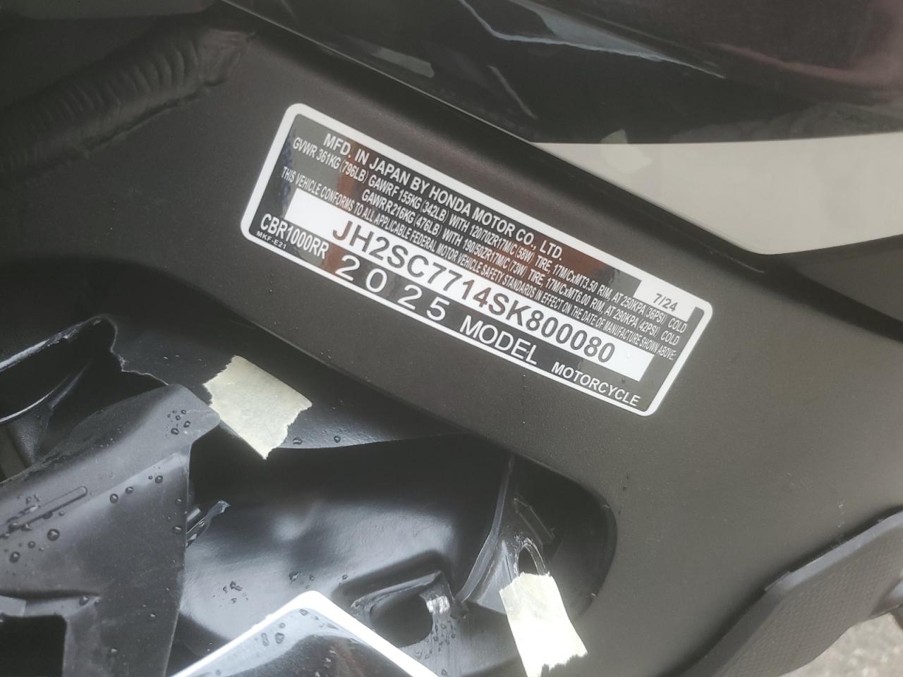 2025 Honda Cbr1000 Rr VIN: JH2SC7714SK800080 Lot: 83966865