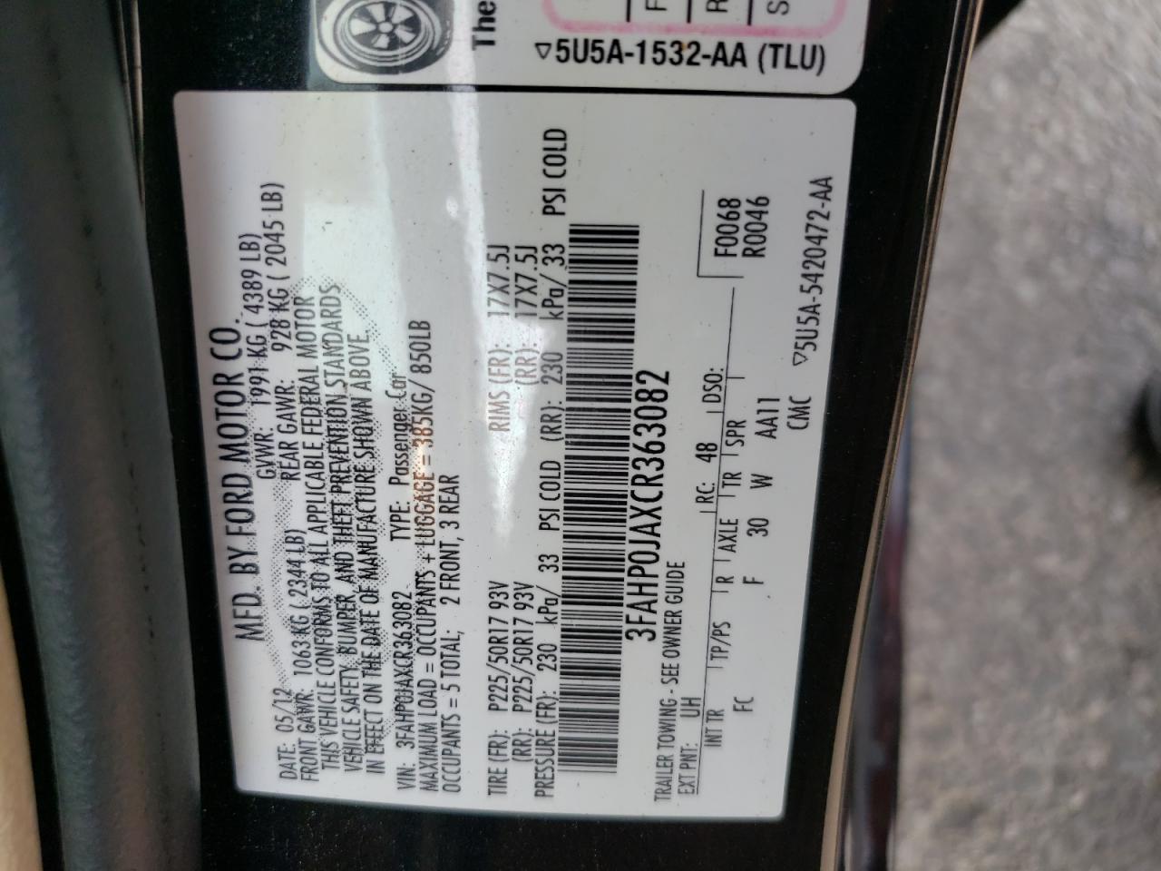 2012 Ford Fusion Sel VIN: 3FAHP0JAXCR363082 Lot: 70896655