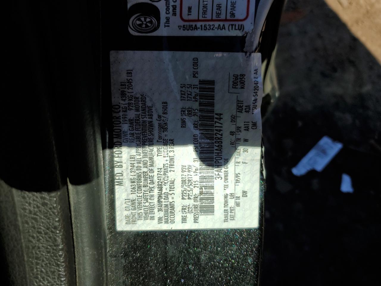 2011 Ford Fusion Se VIN: 3FAHP0HA6BR241744 Lot: 84795455