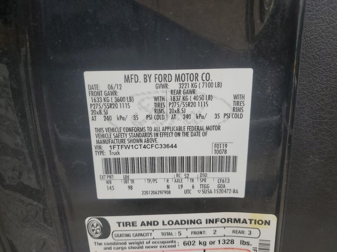 2012 Ford F150 Supercrew VIN: 1FTFW1CT4CFC33644 Lot: 71106865