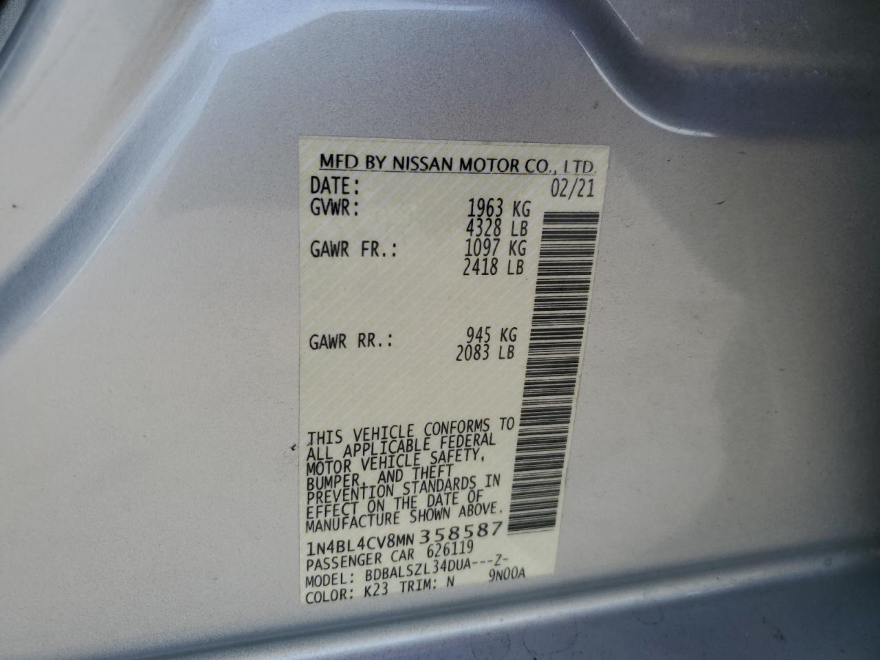 2021 Nissan Altima Sr VIN: 1N4BL4CV8MN358587 Lot: 81600305