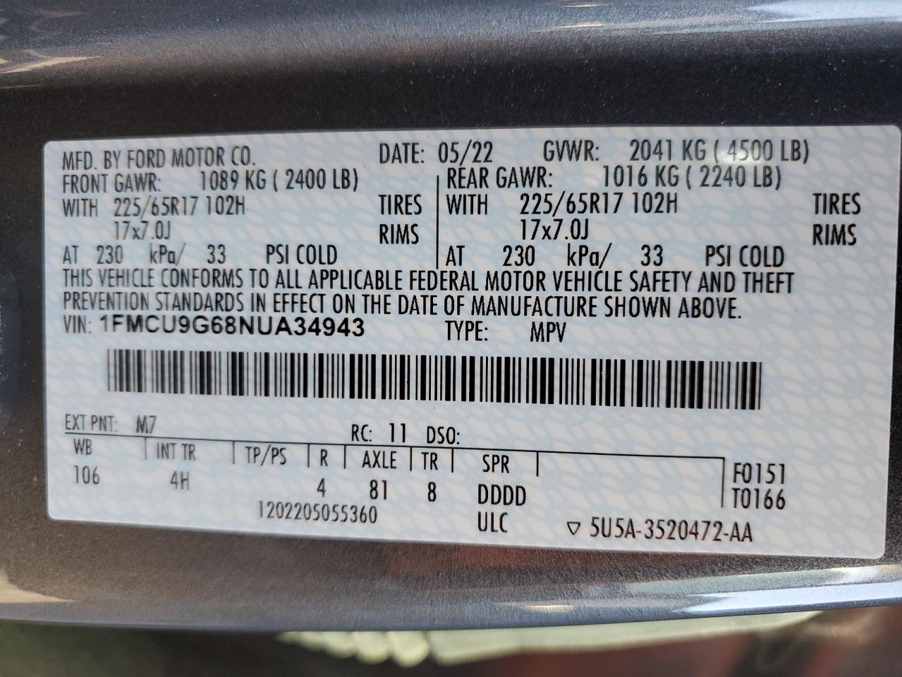 2022 Ford Escape Se VIN: 1FMCU9G68NUA34943 Lot: 84554675
