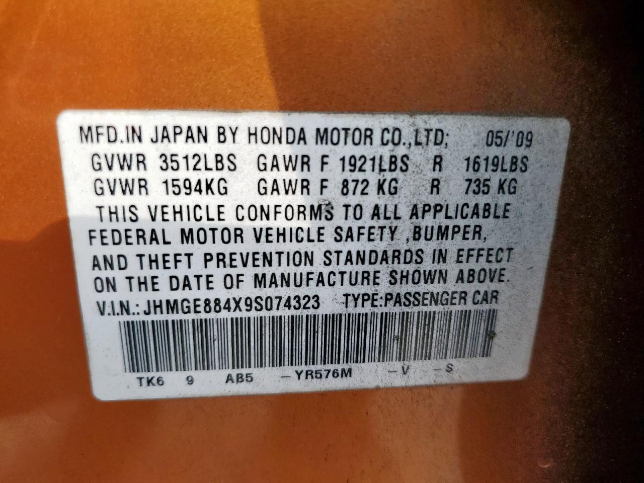 2009 Honda Fit Sport VIN: JHMGE884X9S074323 Lot: 81380455