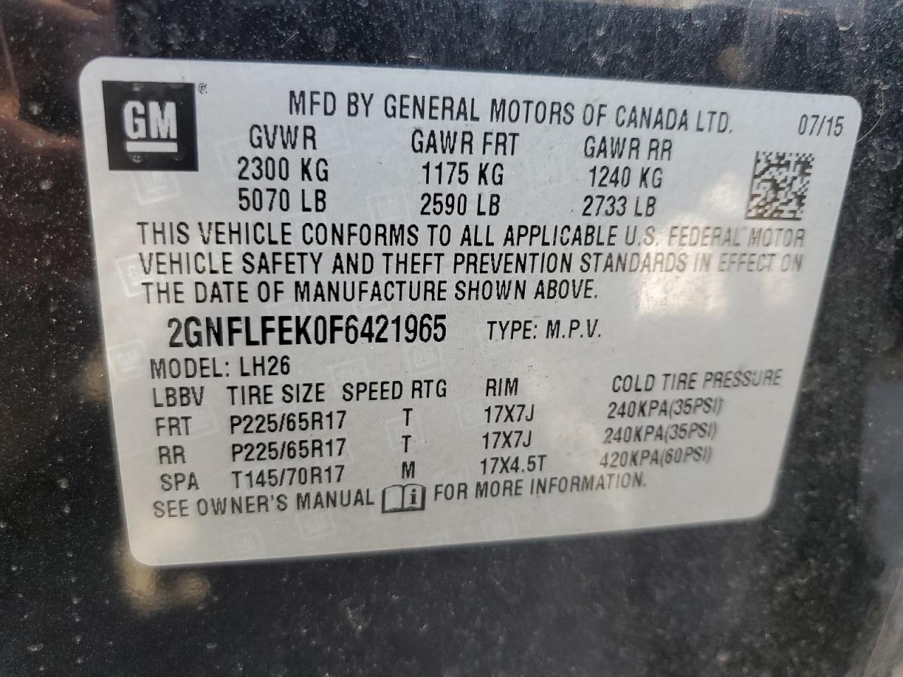 2015 Chevrolet Equinox Lt VIN: 2GNFLFEK0F6421965 Lot: 70685345