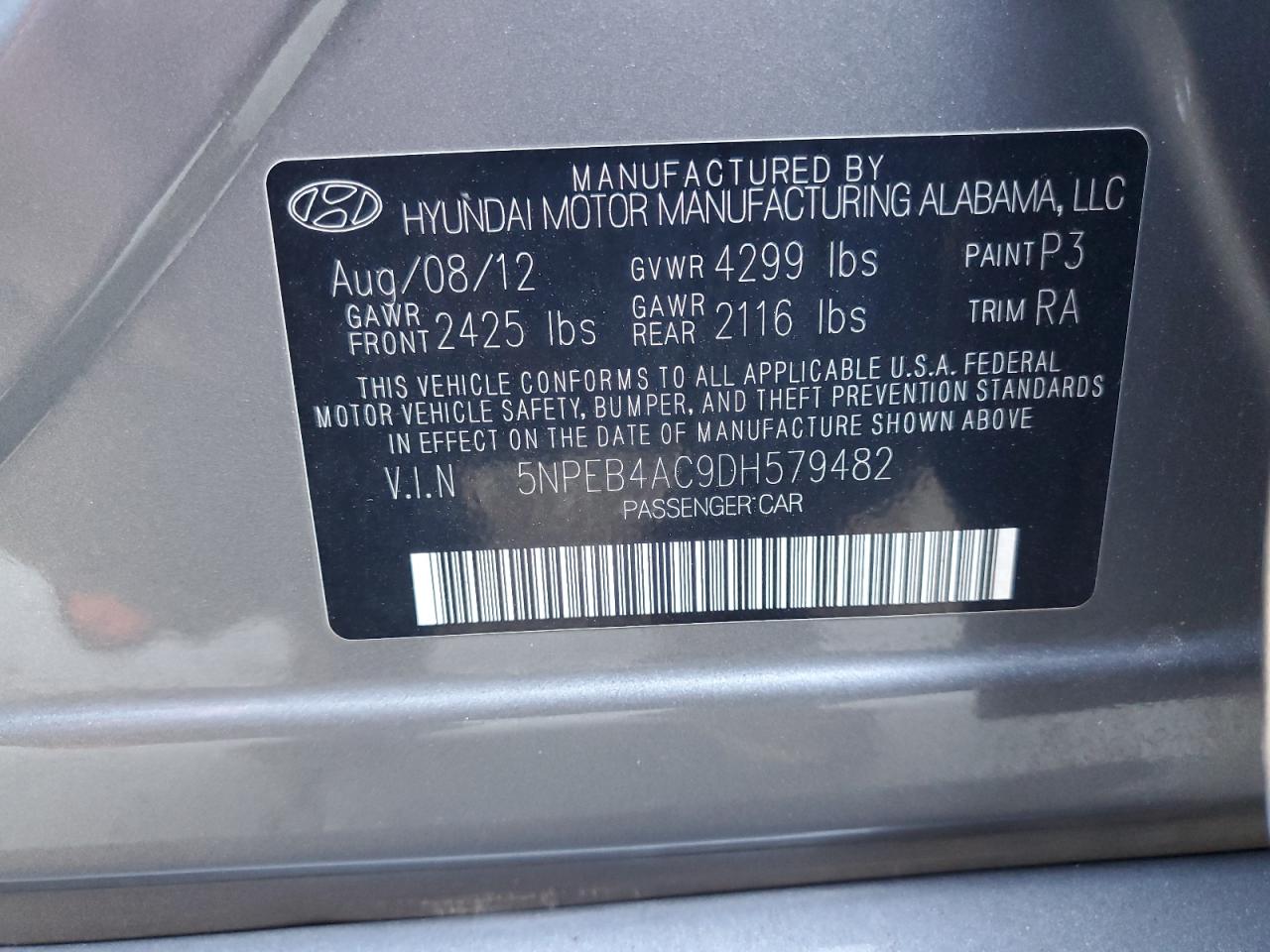 2013 Hyundai Sonata Gls VIN: 5NPEB4AC9DH579482 Lot: 81164955