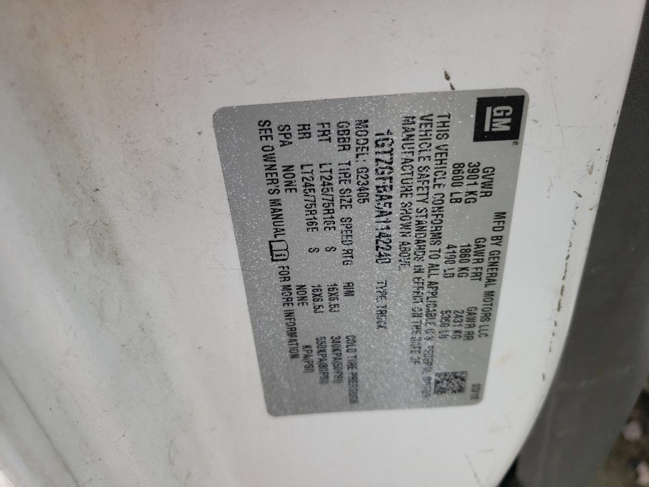 2010 GMC Savana G2500 VIN: 1GTZGFBA5A1142240 Lot: 84339895