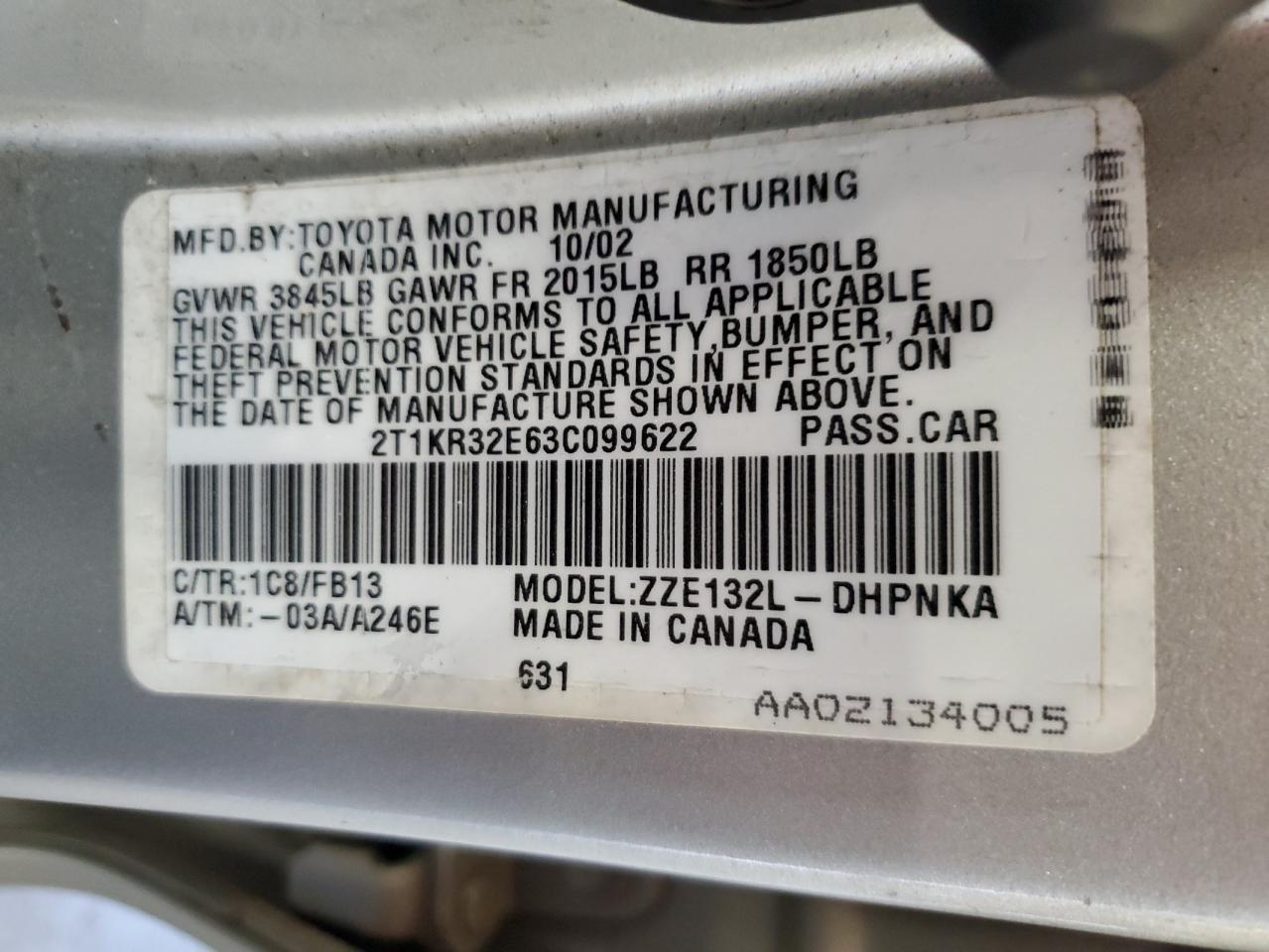 2003 Toyota Corolla Matrix Xr VIN: 2T1KR32E63C099622 Lot: 84214575