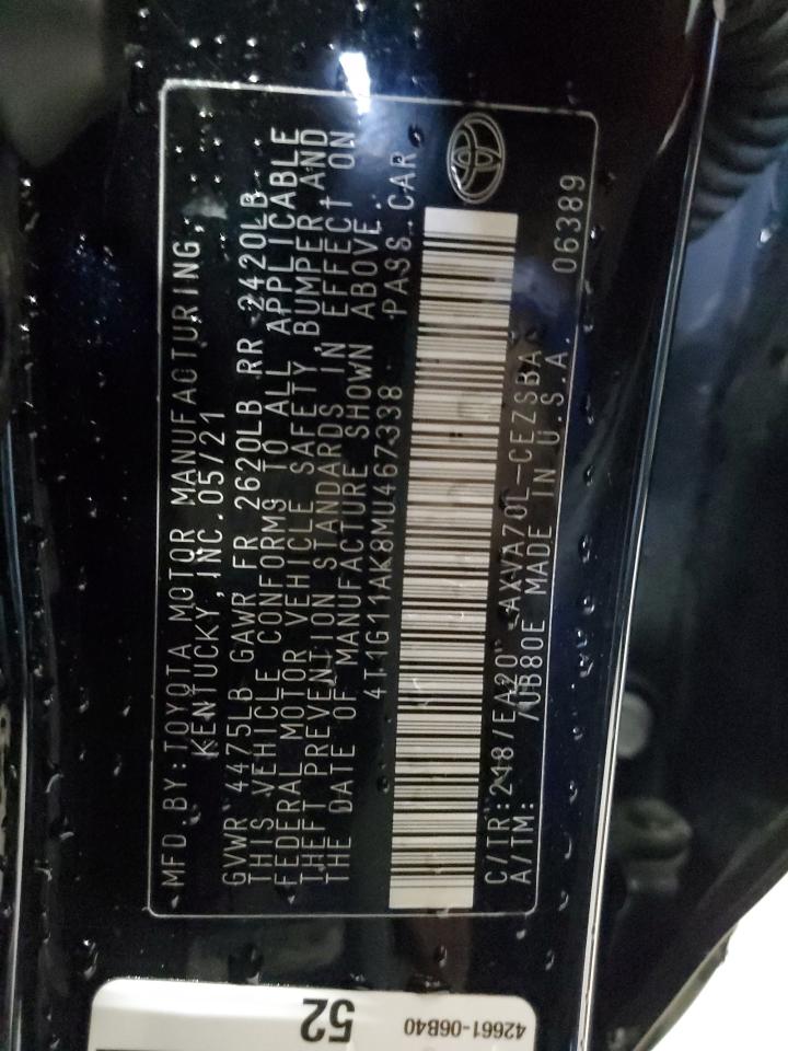 2021 Toyota Camry Se VIN: 4T1G11AK8MU467338 Lot: 80726795