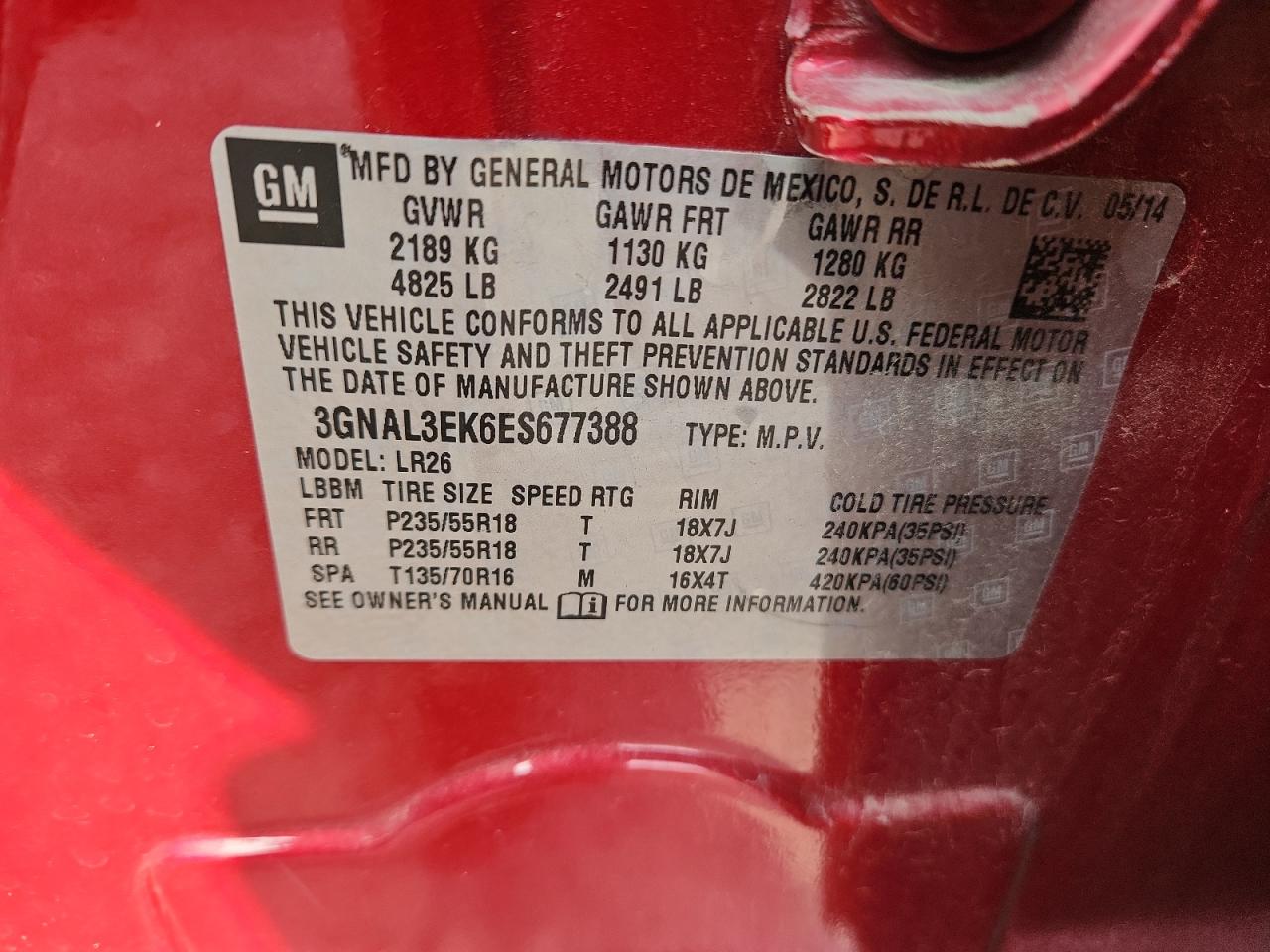 2014 Chevrolet Captiva Lt VIN: 3GNAL3EK6ES677388 Lot: 71707645