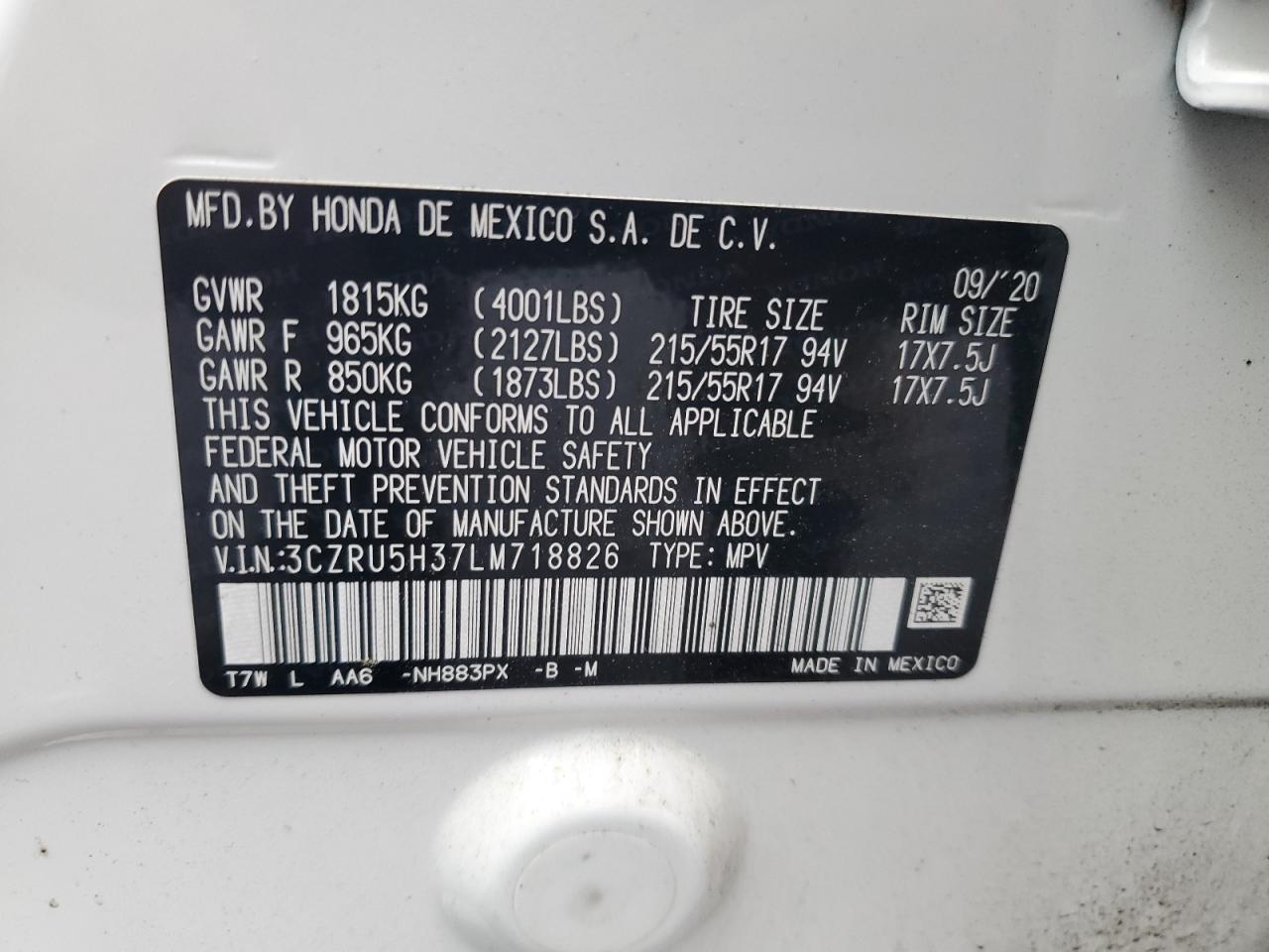 2020 Honda Hr-V Lx VIN: 3CZRU5H37LM718826 Lot: 81850925