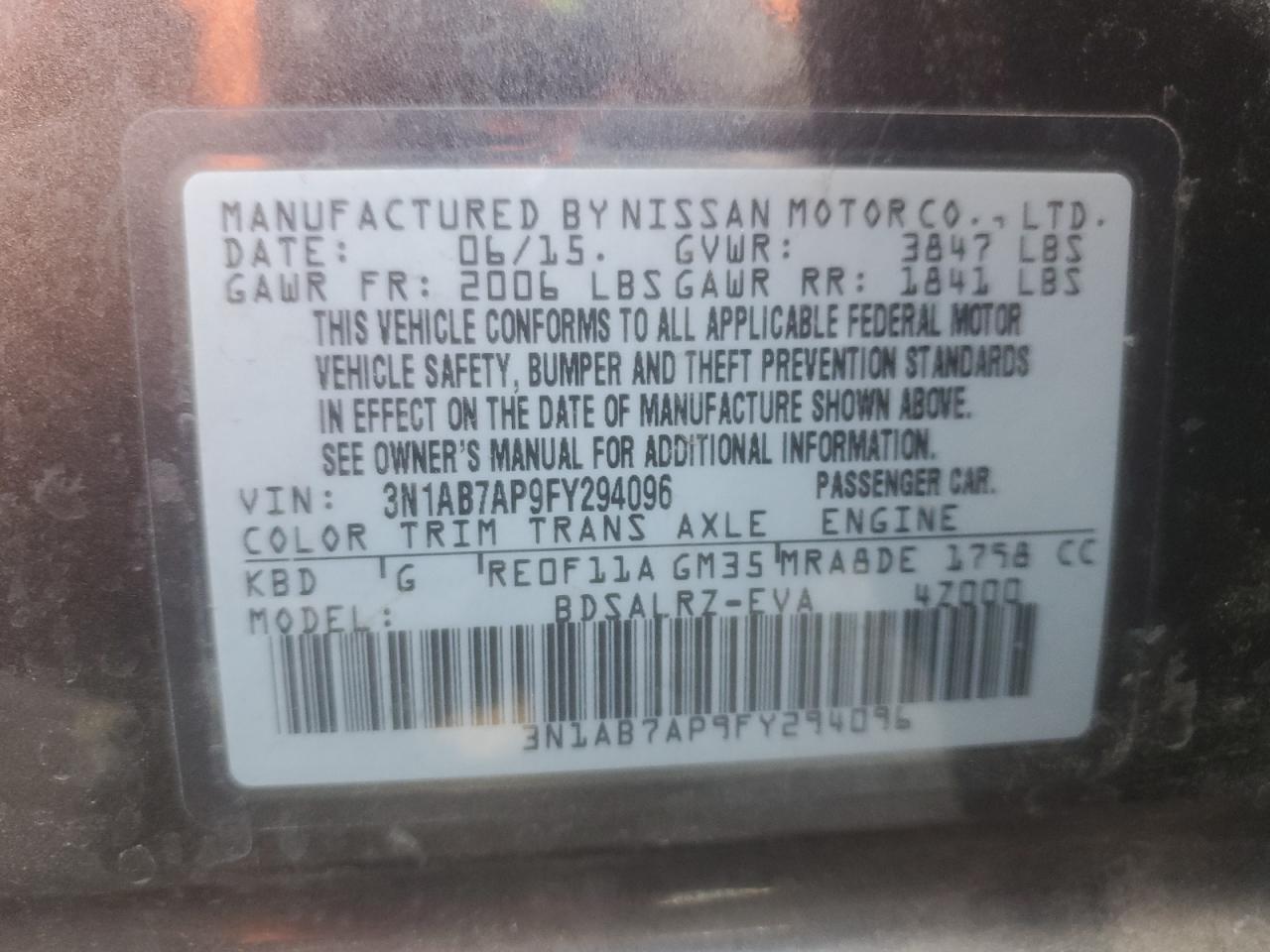 2015 Nissan Sentra S VIN: 3N1AB7AP9FY294096 Lot: 71205095