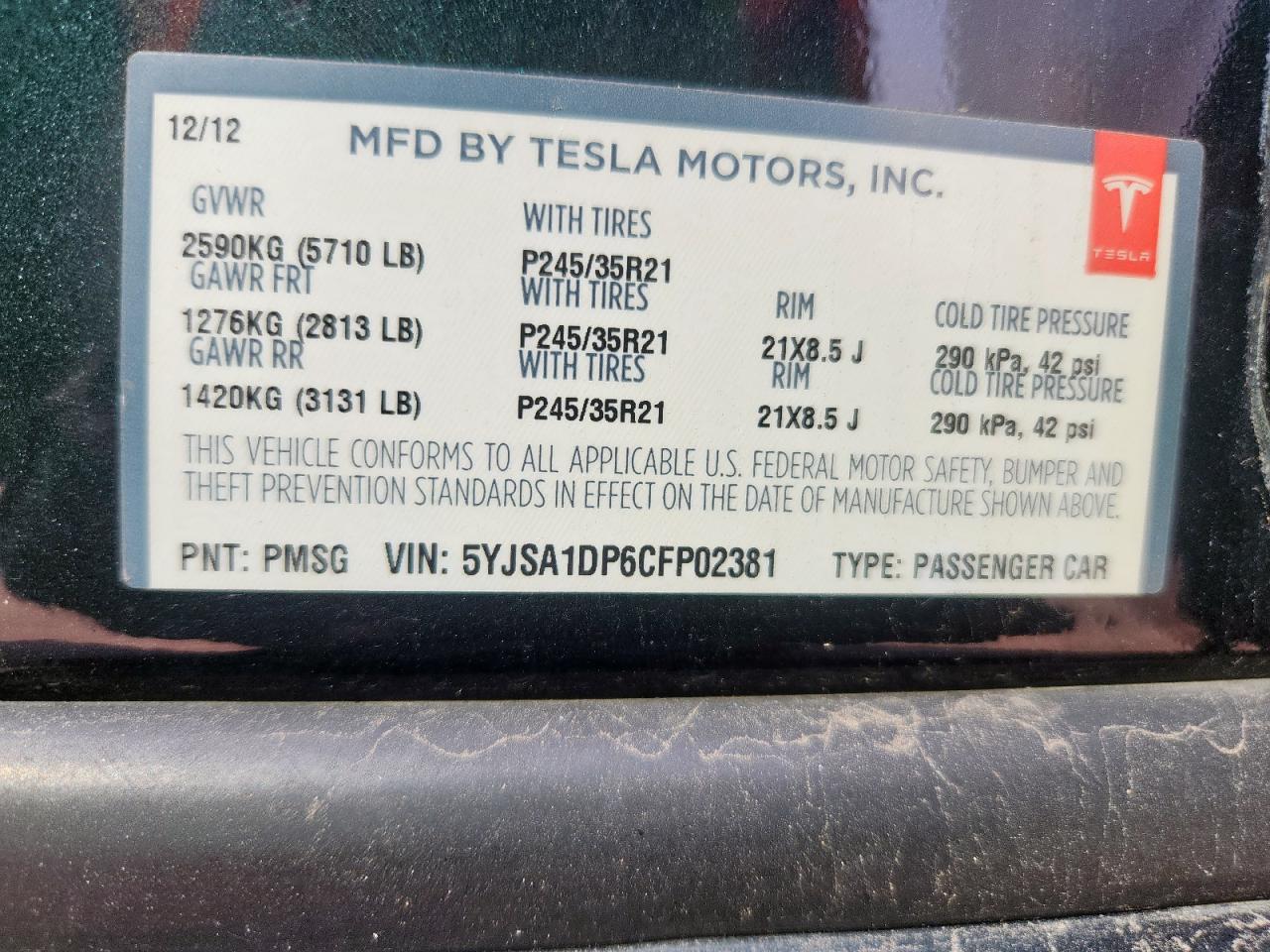 2012 Tesla Model S VIN: 5YJSA1DP6CFP02381 Lot: 81401995