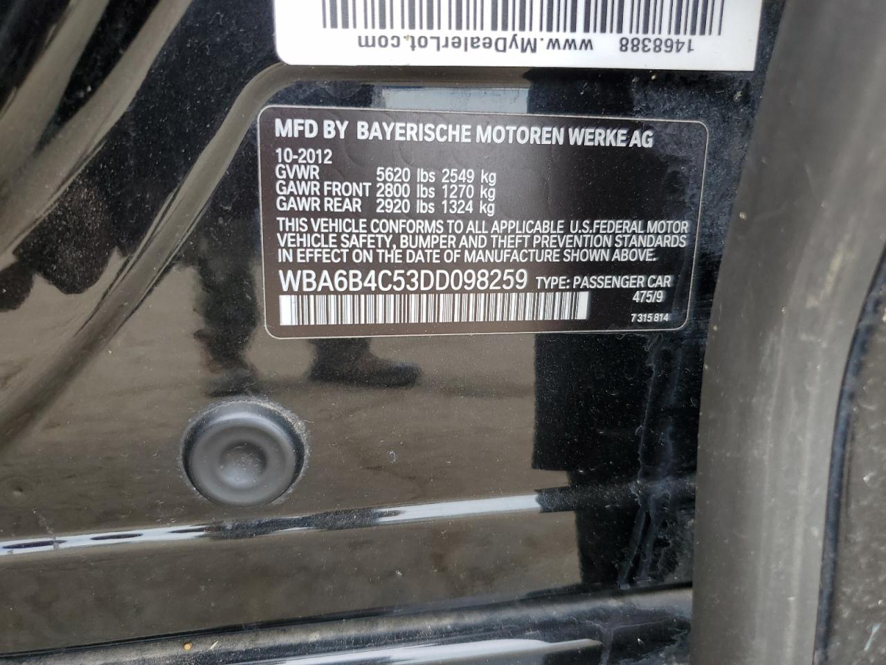 2013 BMW 650 Xi VIN: WBA6B4C53DD098259 Lot: 80090585