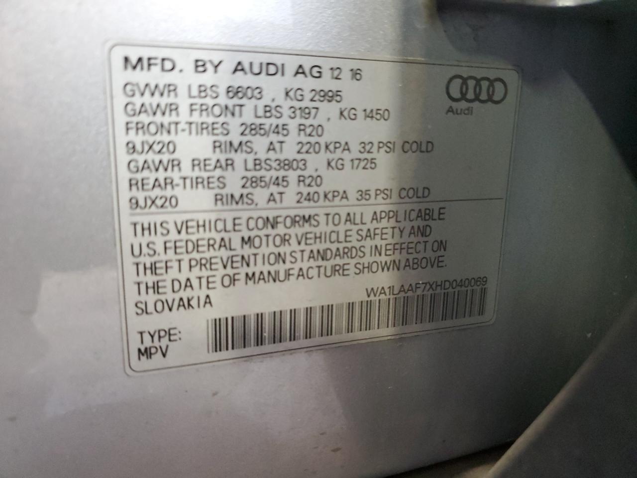 2017 Audi Q7 Premium Plus VIN: WA1LAAF7XHD040069 Lot: 71080945