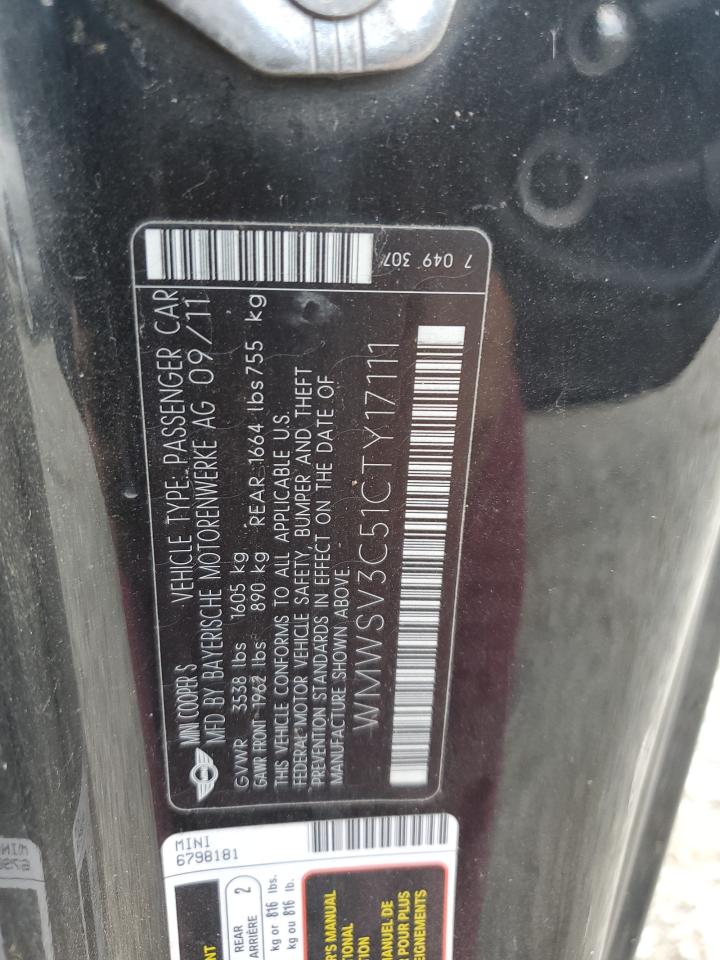 2012 Mini Cooper S VIN: WMWSV3C51CTY17111 Lot: 80073055