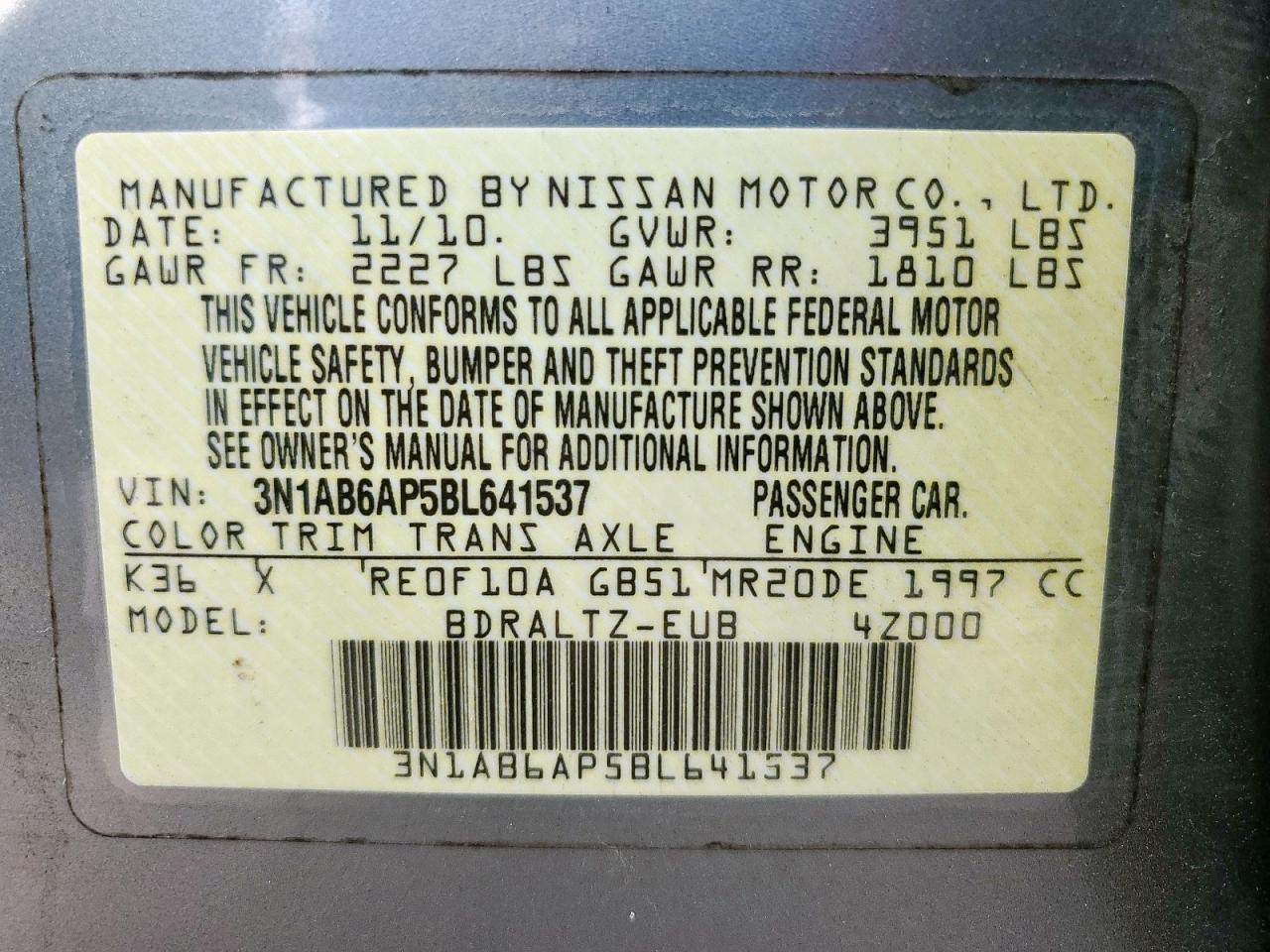 2011 Nissan Sentra 2.0 VIN: 3N1AB6AP5BL641537 Lot: 71708455