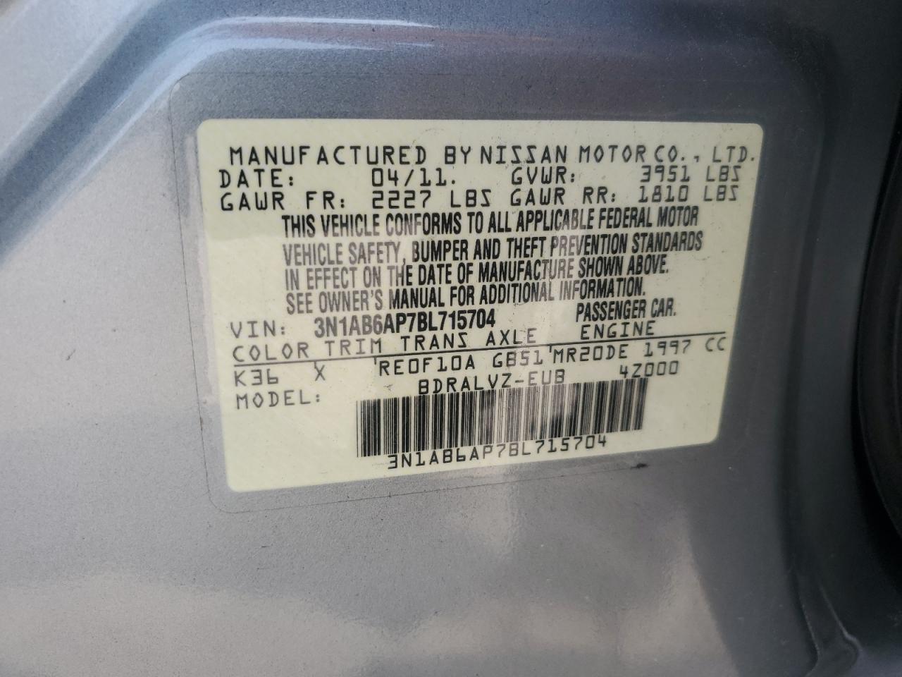 2011 Nissan Sentra 2.0 VIN: 3N1AB6AP7BL715704 Lot: 70828375