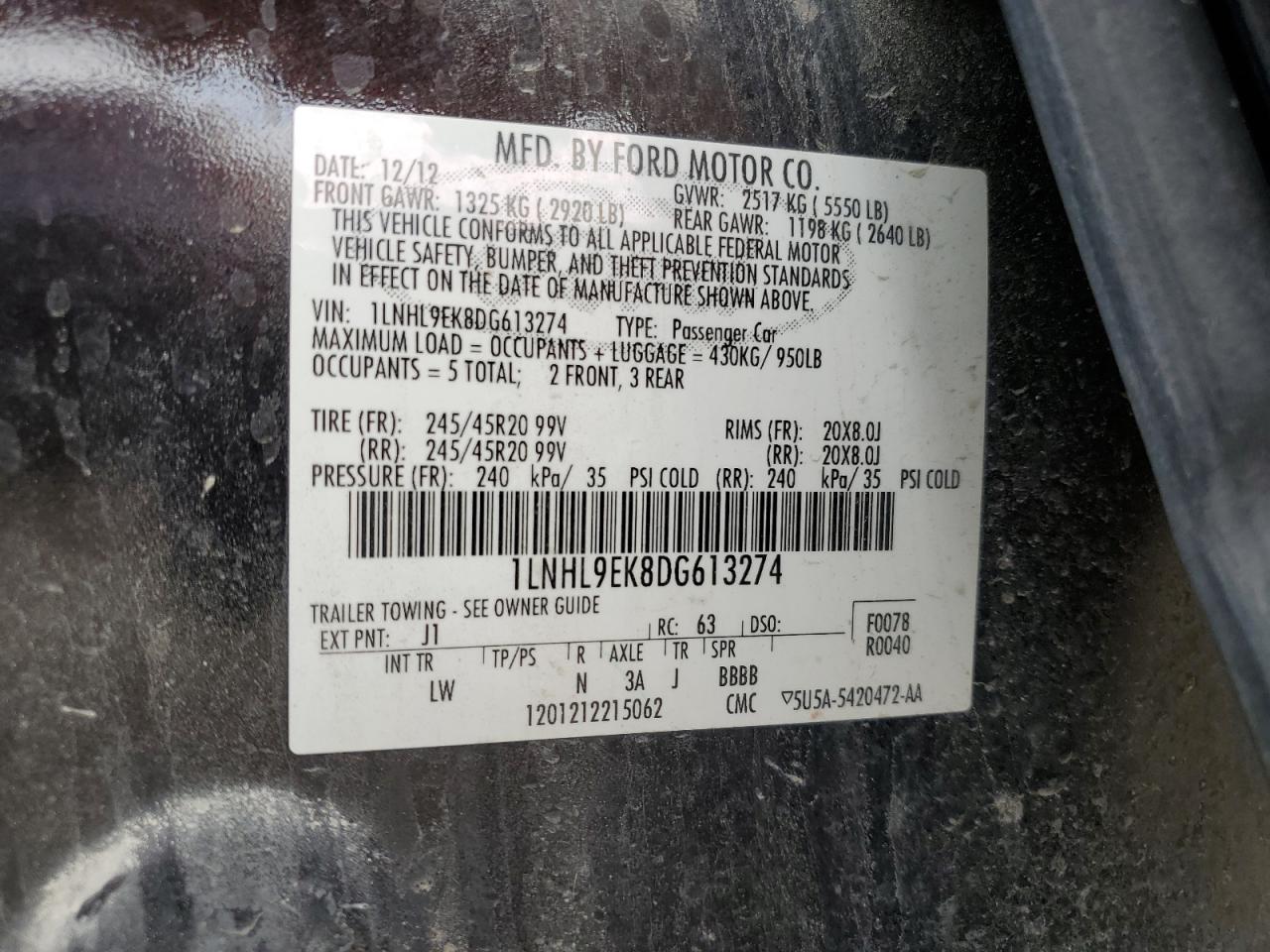 2013 Lincoln Mks VIN: 1LNHL9EK8DG613274 Lot: 72090285