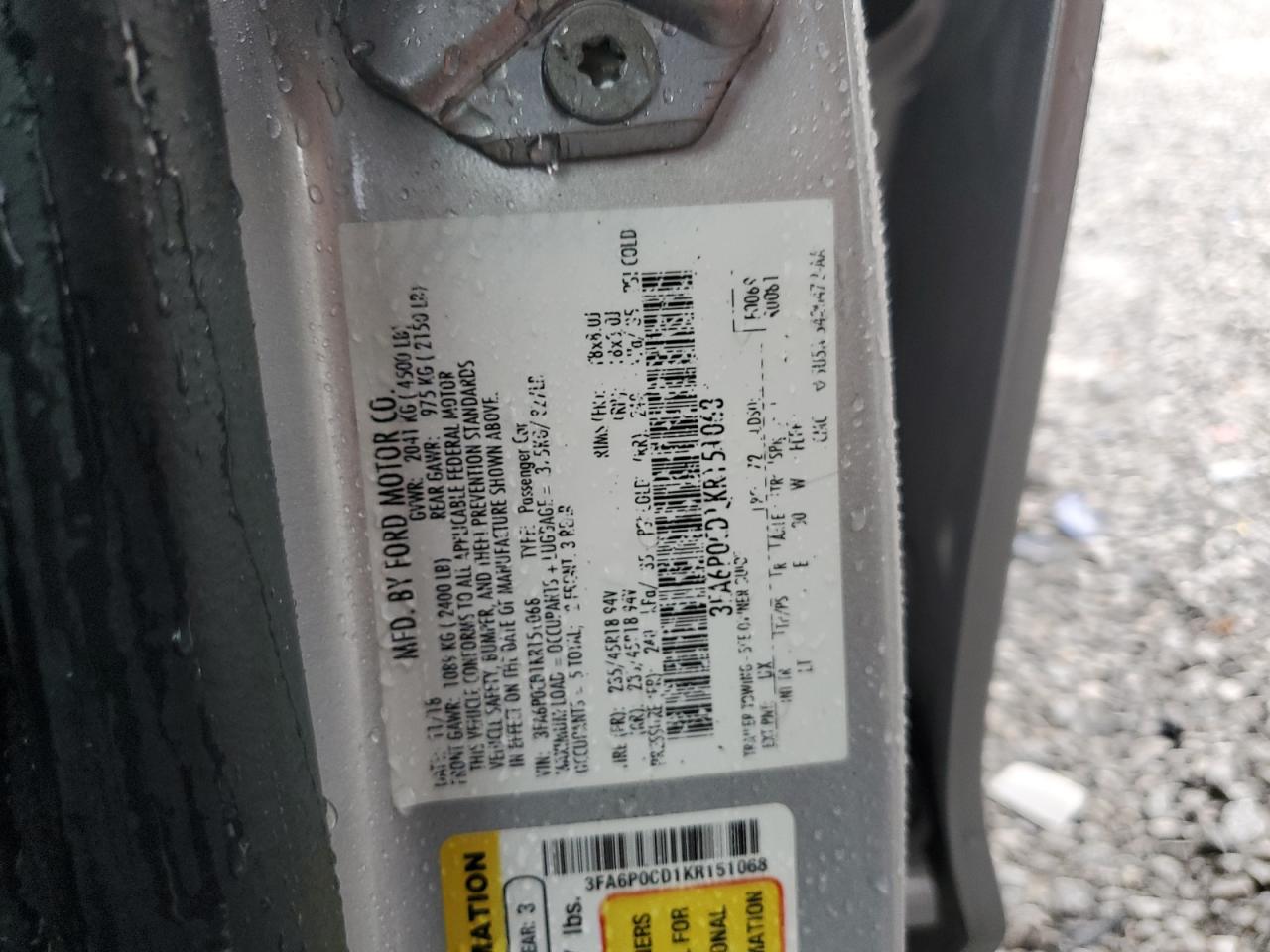 2019 Ford Fusion Sel VIN: 3FA6P0CD1KR151068 Lot: 81666465