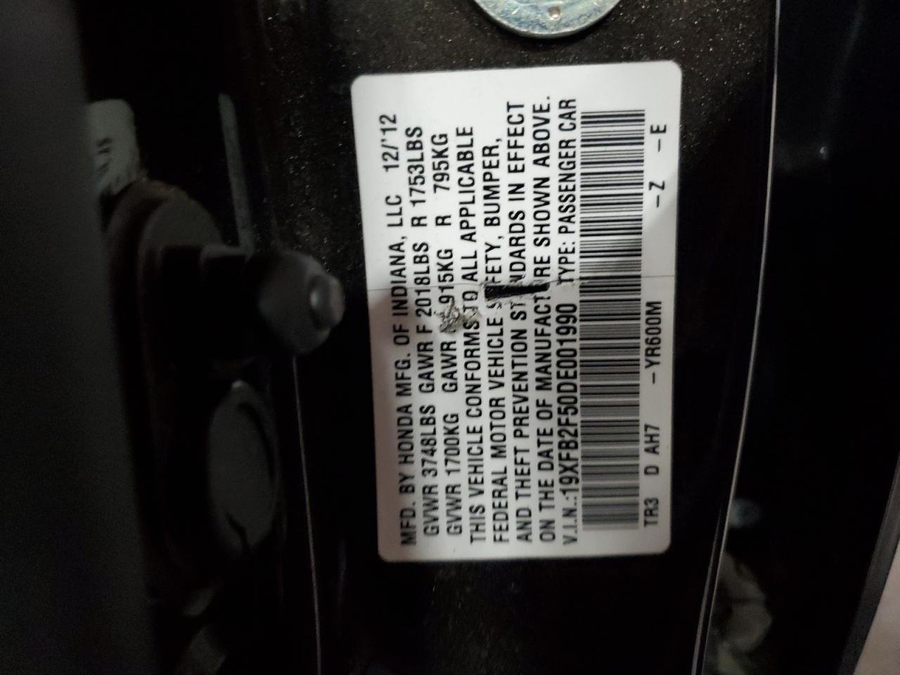 2013 Honda Civic Lx VIN: 19XFB2F50DE001990 Lot: 81864245