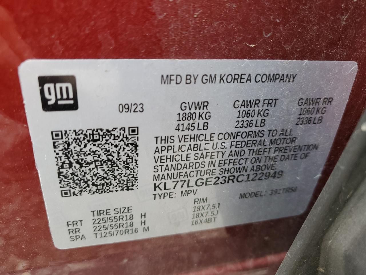 2024 Chevrolet Trax 1Rs VIN: KL77LGE23RC122949 Lot: 82165725