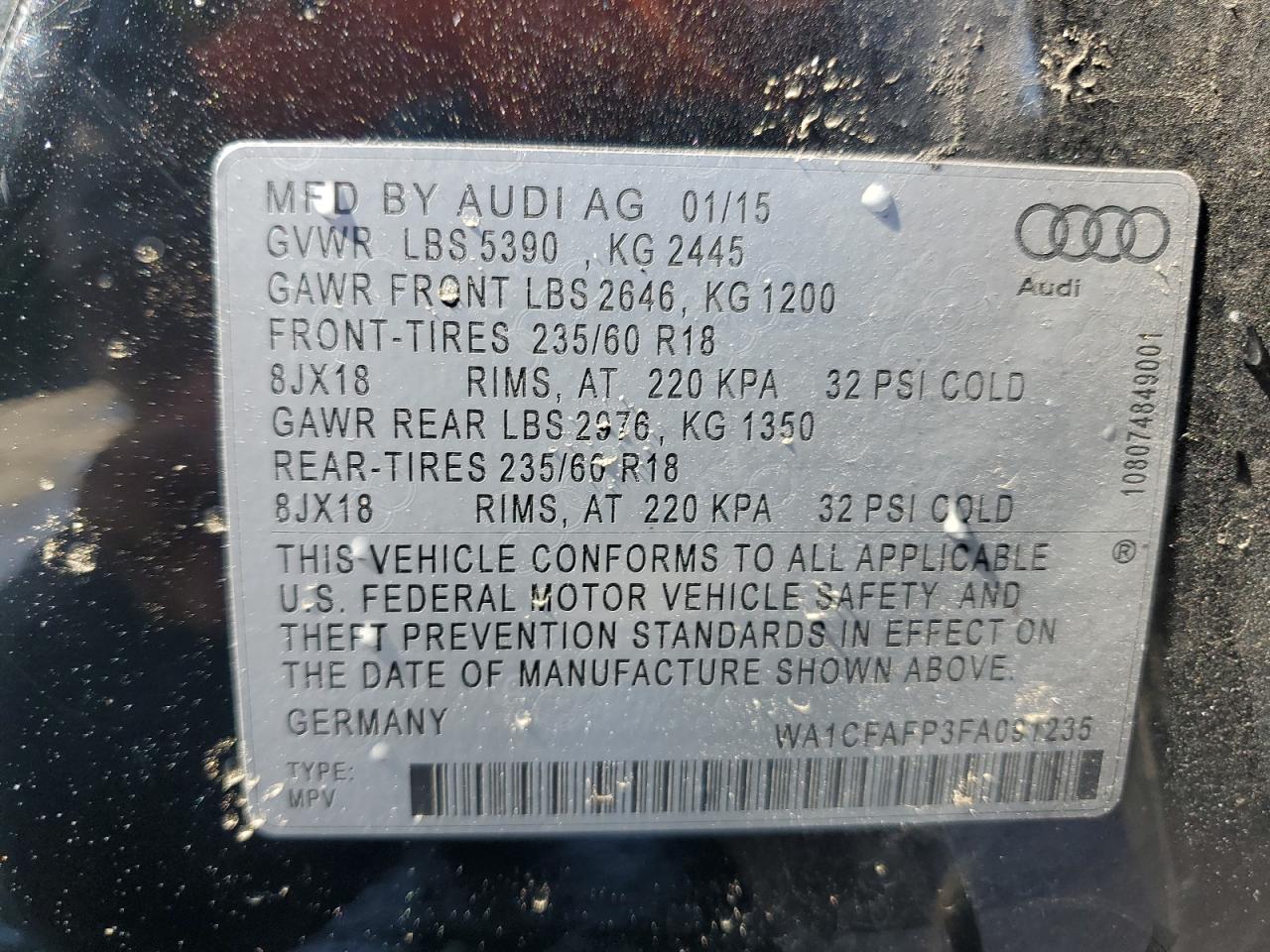 2015 Audi Q5 Premium VIN: WA1CFAFP3FA091235 Lot: 72017245