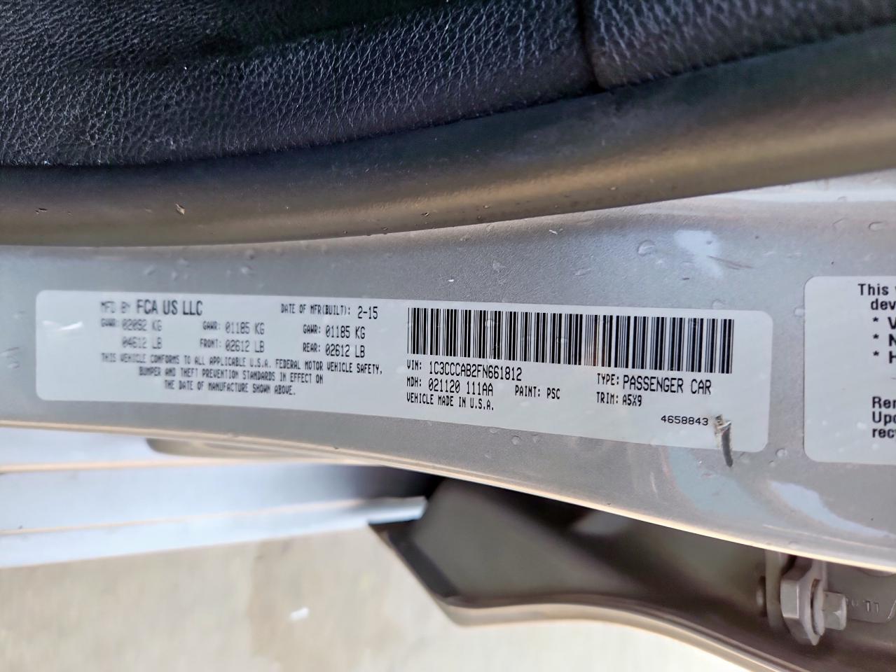 2015 Chrysler 200 Limited VIN: 1C3CCCAB2FN661812 Lot: 80273675